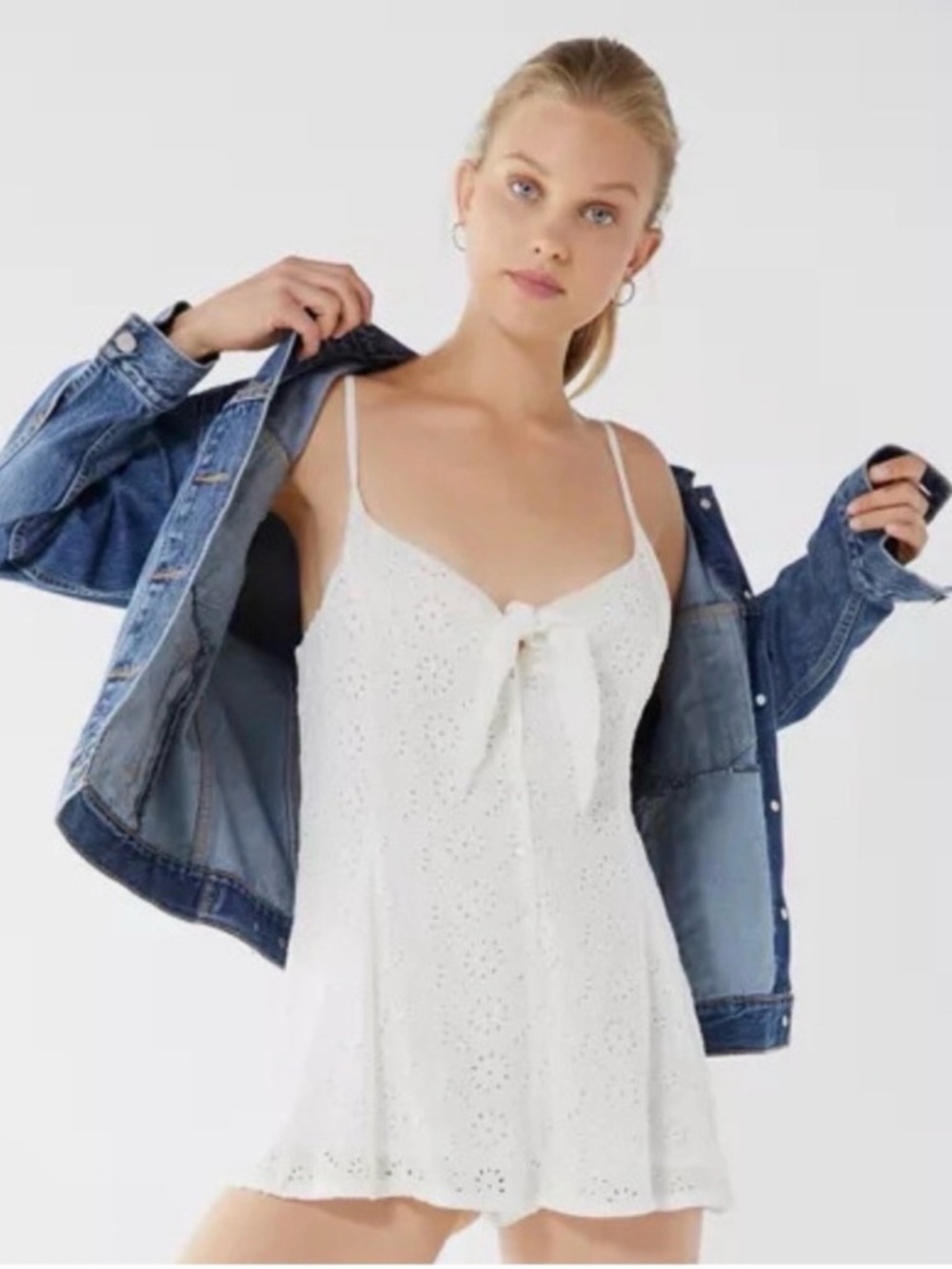 Urban Outfitters Cream Smocked Eyelet Romper size SP